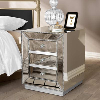 China Modern Mirrored Furniture Vanity Crushed Diamond Mirrored Bedside Table Nightstand for sale