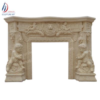 China Durable And Artistic Yellow Marble Angels Fireplace Mantel for sale