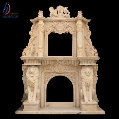 China Durable And Artistic Double Layers Beige Outdoor Stone Fireplace With Lion Statue for sale