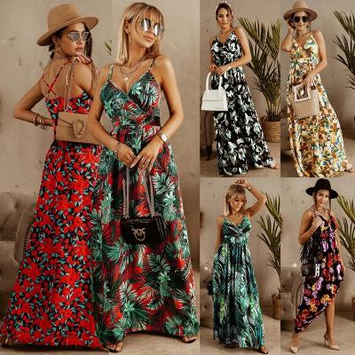 China Lady Sleeveless Backless Vestidos Dresses Women's Summer Slingback Dress Retro Floral Prints Anti-Static Elastic V-Neck Mini Sexy Deep Waist for sale