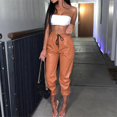 China 2021 Fashion Anti-wrinkle Women's Fashion Vegan Brown High Waist Harem PU Leather Pants For Women for sale