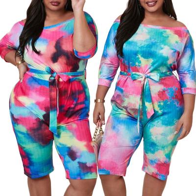 China Anti-Wrinkle Plus Size Slash Neck Tie Multicolor Dye Printed Half Sleeves Fashion Lady Party Rompers Knee Length Summer Overalls for sale