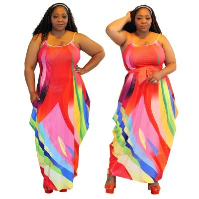 China Anti-static plus size 2021 summer newest tie dye striped print women ankle length dresses sleeveless spaghetti tie irregular beach dress for sale