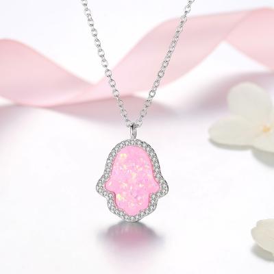 China Forewe CLASSIC 925 Fashion Jewelry Sterling Silver Hamsa Hand Necklace Rose Opal Pendant Necklace For Woman for sale