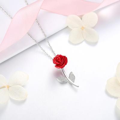 China Fashion Jewelry 925 Sterling Silver Red Rose Necklace CLASSIC Woman Weeding Jewelry Rose Pendant Necklaces for sale