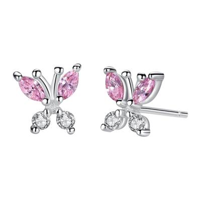 China CLASSIC Simple Style 925 Sterling Silver Pink Crystal Butterfly Stud Earrings For Women Kids Silver Jewelry Gift for sale