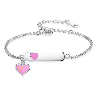 China Custom Charm Bracelets 925 Sterling Silver Pink Enamel Heart Kid Name Bracelet Cute Silver Jewelry Gift for sale