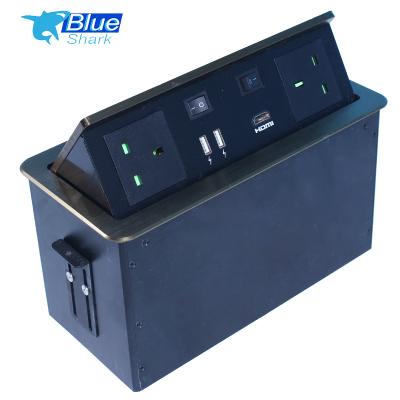 China Residential / Multi-Purpose Hidden Aluminum Alloy Hydraulic Pop Up Table Power Outlet With Bottom Cable Cubby For Data for sale