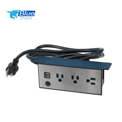 China Commercial Brush Surge Protector US Standard Steel Hang Under Desk Power Strip Desktop Edge Power Socket With 3AC 2usb Outlet Charging for sale