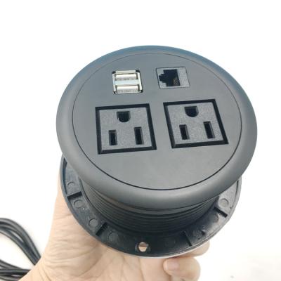 China Dual USB Ports Power Grommet 90mm Hole Table Power Charging Grommet Desktop Outlet with 2 AC 2 USB 1RJ 45 for sale