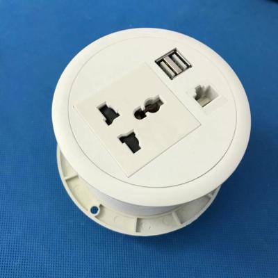 China Commercial White 90mm Mounted In Desk Universal Power Socket With Dual Usb Charger 1rj45 /Conference Tabletop Power And Charger Socket for sale