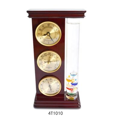 China Wooden fram+metal clock+glass thermomter beautifully crafted with 5 multicolored spheres in a liquid filled cylinder with Galileo Thermometer clock and barometer for sale