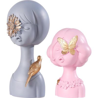 China Handmade Carved Nordic Flower Gray Girl Resin Creative Statues Butterfly Pink Girl Sculpture Bird Figures for sale