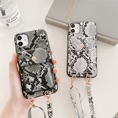 China Anti-fall Cell Phone Cases & Bags Snakeskin Pattern Snake Grain Phone Case With String And Strap Card Slot For iPhone 11 12 Pro Max for sale