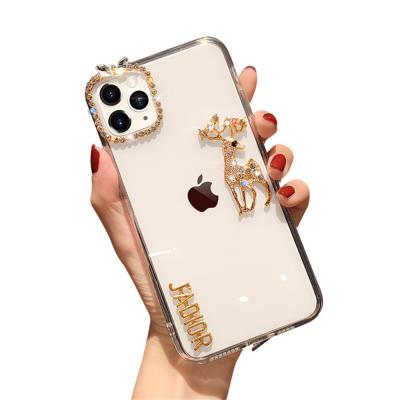 China Hot Selling Anti-fall Amazon Christmas Gift Glitter Shiny Diamond For iphone Case With Cute Reindeer Design For iPhone 12 for sale