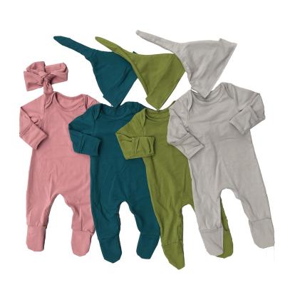 China Autumn Boys And Girls Warm Long Sleeve Organic Cotton Overalls Baby Footed 100% Romper Clothes Bow Hats for sale