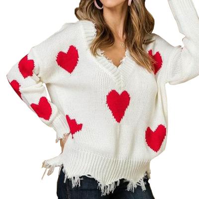 China QUICK DRY Valentine's Day Women Sweater Heart Pattern Printed Long Sleeve Pullover V-Neck Fashion Knitting Sweater for sale