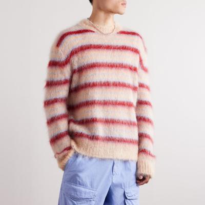 China LeBo Factory Men Anti-Wrinkle Wholesale Custom Long Sleeve Crewneck Striped Furry Scrambled Knit Mohair Sweater for sale