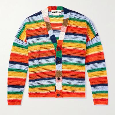 China Factory Wholesale Custom LeBo Anti-Wrinkle Men Long Sleeve V Neck Striped Multicolor Knit Crochet Cardigan Sweater for sale