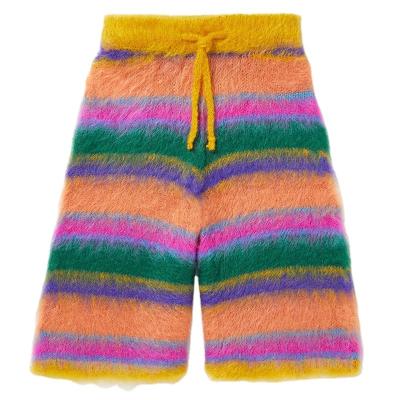 China custom Anti-wrinkle LeBo logo mens knit mohair fluffy pants multicolor striped drawstring brushed mohair blend shorts for sale