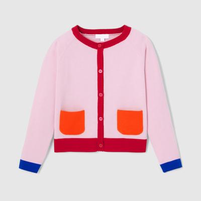 China Factory Custom Logo LeBo Anti Shrink Long Sleeve Button Closure With Pocket Pink Color Block Cotton Girl Cardigan for sale