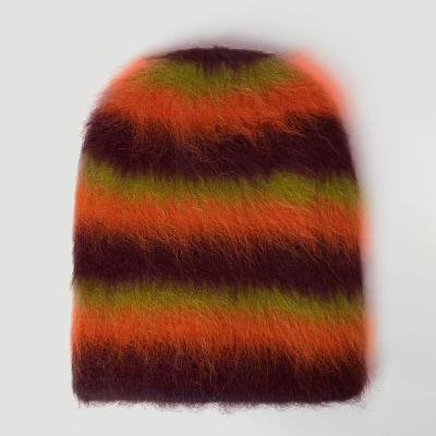 China LeBo Casual Wholesale Custom Multicolor Striped Scrambled Furry Knit Brushed Mohair Beanie for sale