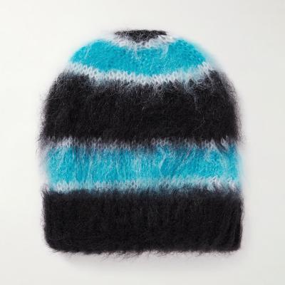 China LeBo Casual Factory Wholesale Custom Color Block Stripe Knit Brushed Mohair Fuzzy Beanie for sale