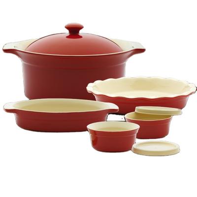 China Red Ceramic Casserole Red Ramekin Large Casserole Soup Tureen Soup Tureen Kitchen Stoneware Cooking Set for sale