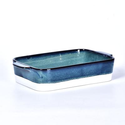 China Kitchen Sustainable Ceramic Lasagna Cooking Pan 2 Color Stoneware Rectangular Glazing Reactive Bakers With Handle for sale