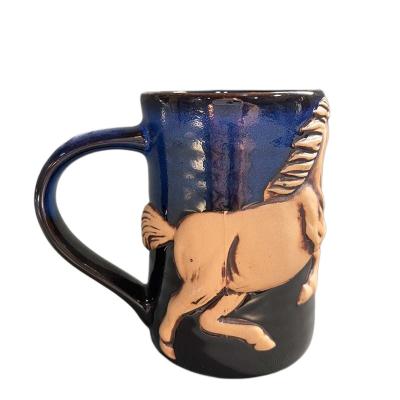 China Sustainable 450ml Unique Hand Painted Sandstone Water Cup 3D Horse Embossed Coffee Mug for sale