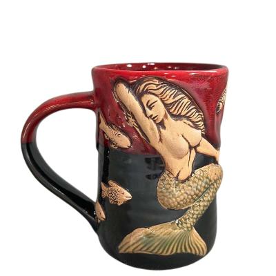 China 15oz Viable Embossed Unique Antique Mermaid Legend Brush 3D Hand Painted Sandstone Water Mug Coffee Mug for sale