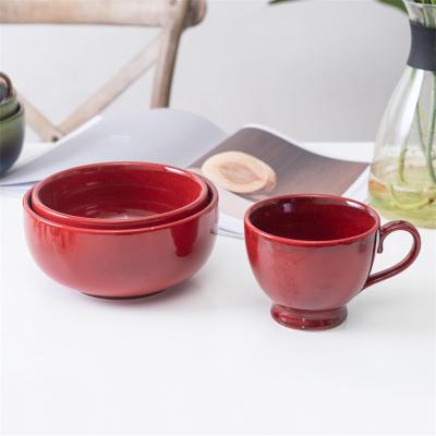 China Nordic hot sale stoneware restaurant soup cereal bowl milk coffee cup red reactive glazed dish dishes table dinner set for sale