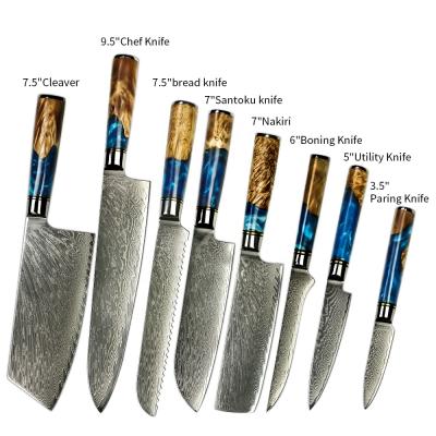 China Amber Chef Knife 8pcs Damascus Pattern Resin Handle Knife Viable Steel Leather Set for sale