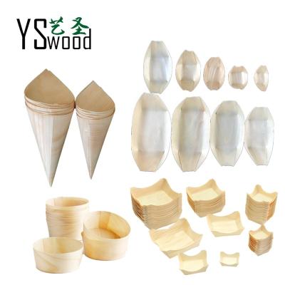 China Disposable Eco-friendly Biodegradable Disposable Wooden Tray Wooden Boat Cone Cup Eco Friendly  for Restaurant  Sushi Dessert Biodegradable for sale