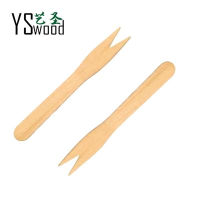 China Disposable Eco Friendly Biodegradable 85 mm Disposable Wooden mini Fruit Chips Dessert Fork 3.35 inch Wooden Fork with logo Hot-sale for sale