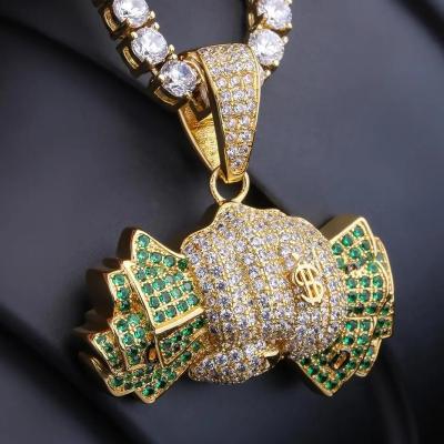 China CLASSIC VOAINO Gold Green CZ Iced Out Holding the Dollar Pendant Hip Hop Jewelry for Wholesale for sale