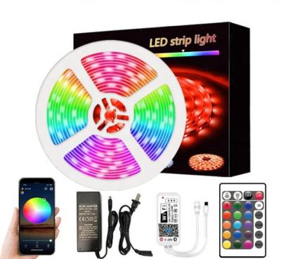 China 5050 2835 12V 24V IR/WIFI/music sensing RGB 5000mm*10mm Smart Landing RGB Remote Flexible Waterproof LED Strip Lights for sale