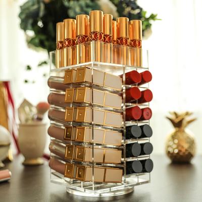 China Clear Acrylic Box Spring Lattice Spun Cosmetic Sign 64 Lipstick Tower Lipstick Divider Box for sale