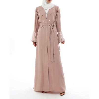 China BT-7028# Soft Elegant Ployester Flower Embroidery Pink Lace Up Long Sleeve Muslim Chiffon Dress Plus Size for sale