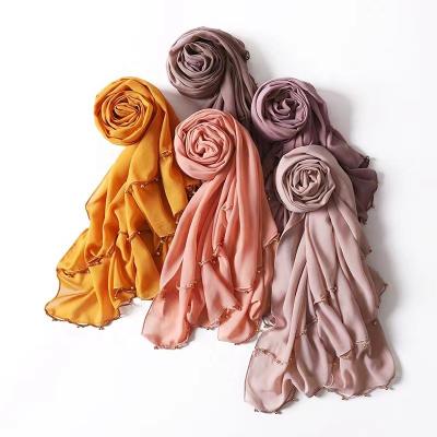 China 2021 New Style Pearl Chiffon Viscous Scarf Shawl Headband Breathable Convenient Islamic Babushka Scarf for sale