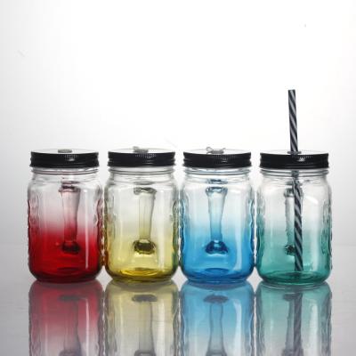 China OEM Handle Gradient Color Wide Mouth Square 480ml Juice Tea Drinking Glass Jar for sale