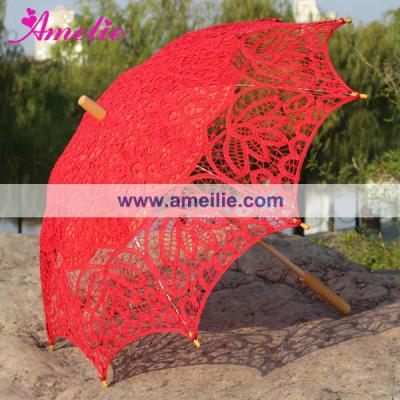 China A0104 Antique Victorian Handcraft Red Color Wedding Lace Parasol for sale