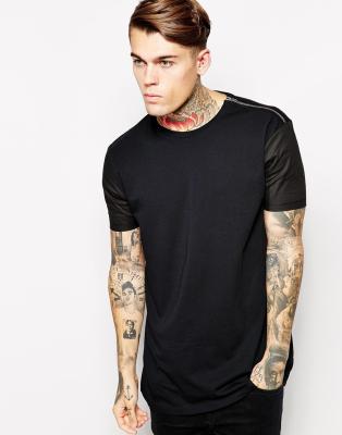 China zip tee fashion style t shirts with shoulder zip detail and woven sleeve skater fit for sale