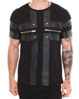 China Men tshirt design with zipper and leather scoop neck t shirt for men for sale