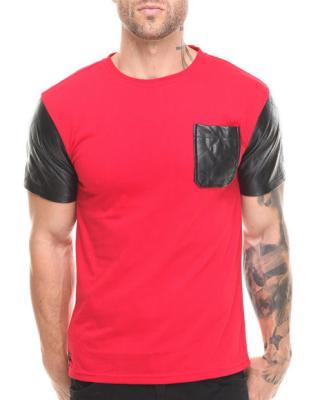 China Red shirt with black leather sleeve shirt and pocket men factory product for sale