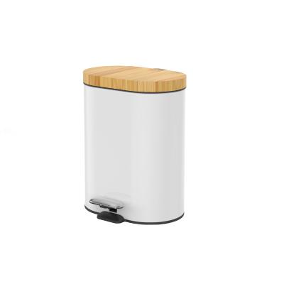 China Rolling Type Bamboo Lid Pedal Bin Oval Trash Can Stainless Steel Waste Bin 6L ANTI-FINGERPRINT Soft Narrow Dust Bin Cover Trash Can for sale