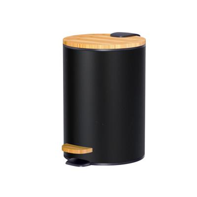 China Household Sustainable Hot Selling Stainless Steel With Slim Bamboo Lid And Bamboo Pedal Waste Bins Trash Can for sale