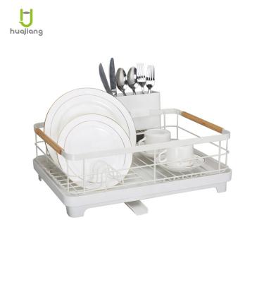 China Hot Selling Single Layer Dish Rack Viable With Plastic Tray Holding Dishes Kitchen Storage Rack Kitchen Dish Rack With Wooden Handle for sale