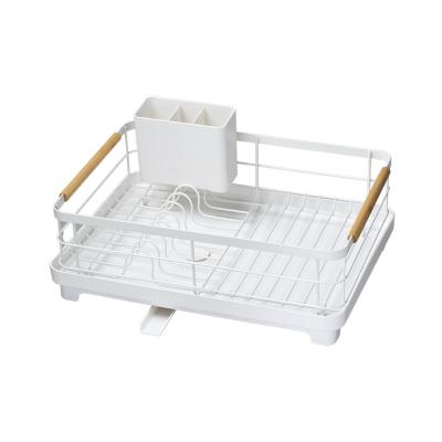 China Sustainable Dish Drainer Drying Rack With Wooden Handles Drip Tray Draining Board And Removable Cutlery Rack for sale