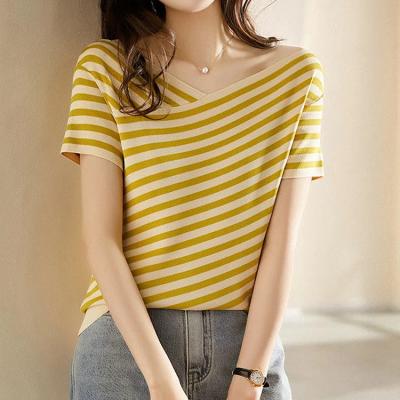 China Fashion Striped Knitted Tshirt V Neck Casual Tee Shirt for Women's Occasion for sale